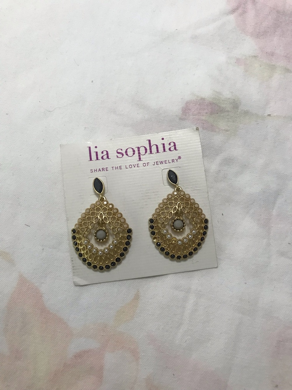 Lia Sophia Gold Tone Neutral Gray Black Rhinestone Statement Big Earrings
